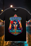 “Riverside Queen Inland Empire West Coast t-shirt with colorful Dia de los Muertos style artwork”