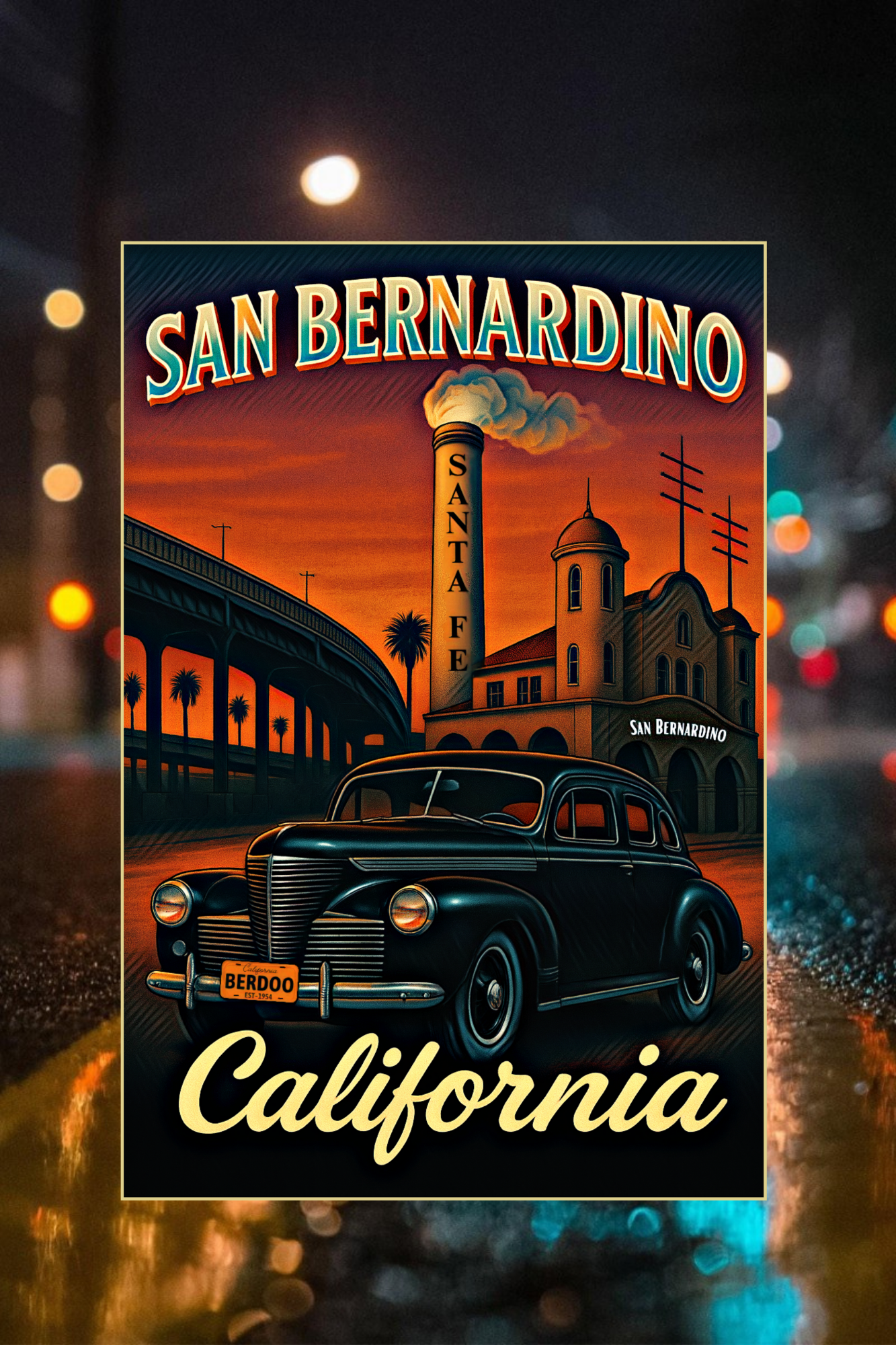 San Bernardino Depot Classic artwork featuring a vintage lowrider parked in front of the historic Santa Fe depot at sunset”