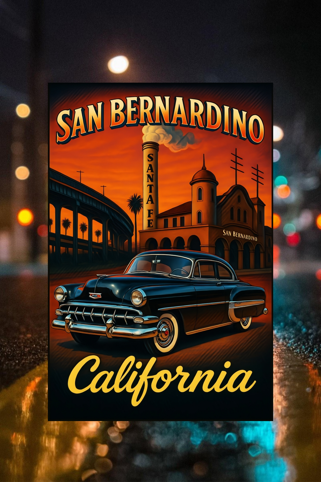 “San Bernardino Santa Fe Classic artwork featuring the historic Santa Fe depot and vintage car at sunset”