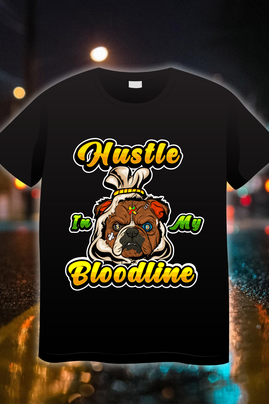 “Hustle In My Bloodline Bulldog Edition t-shirt with bold lettering and bulldog graphic on a dark shirt”