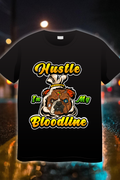 “Hustle In My Bloodline Bulldog Edition t-shirt with bold lettering and bulldog graphic on a dark shirt”