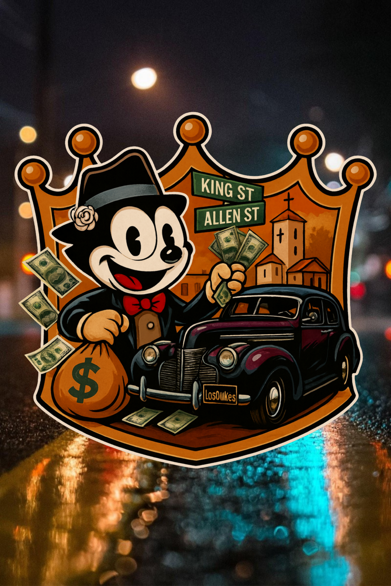 East Side Berdoo King and Allen Street artwork with cartoon character, money bag, and classic car on badge-style background
Meadow Brook Edition 