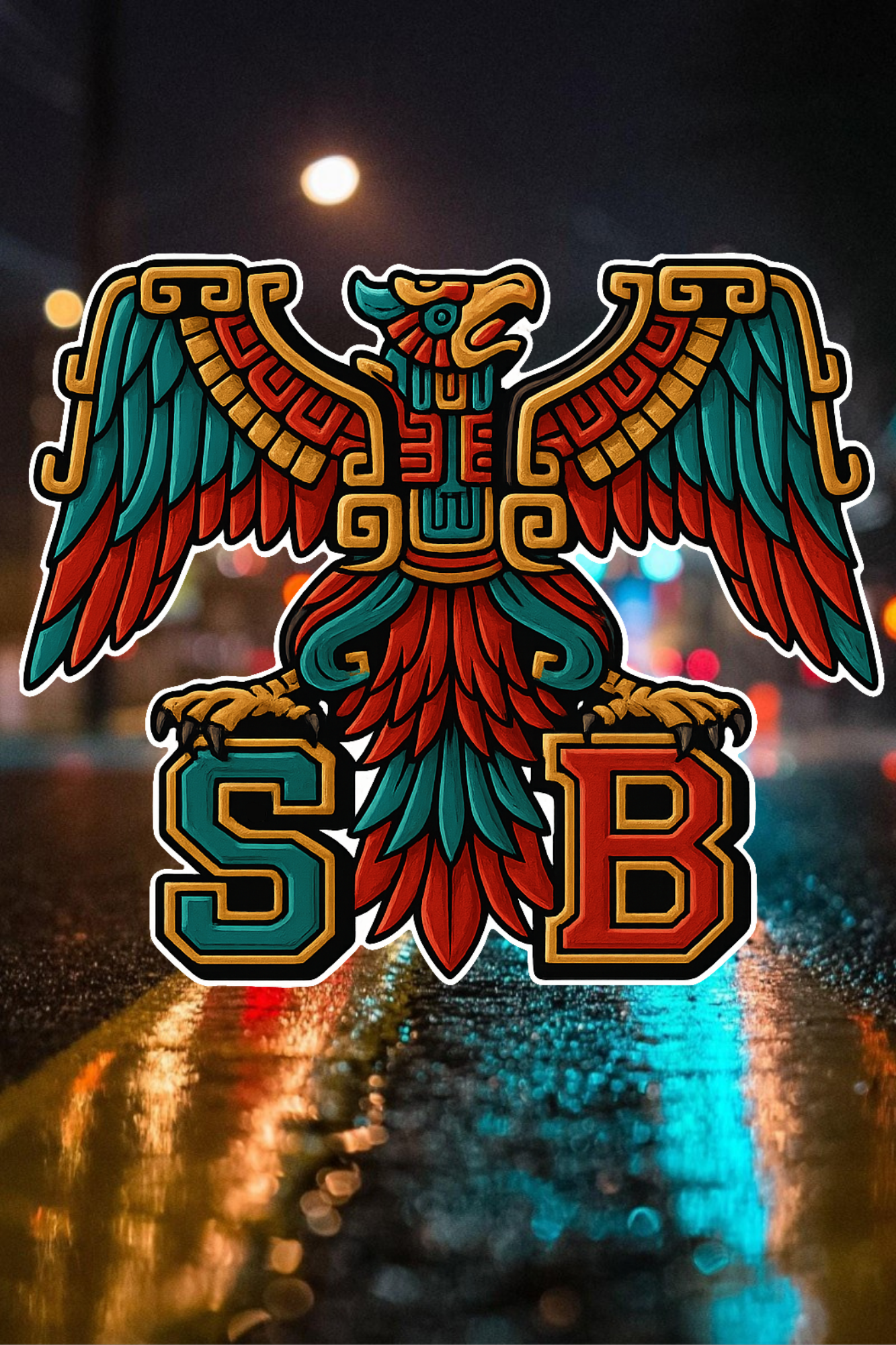 Aztec-style eagle artwork with SB lettering from the SB Eagle San Bernardino Legacy Edition

